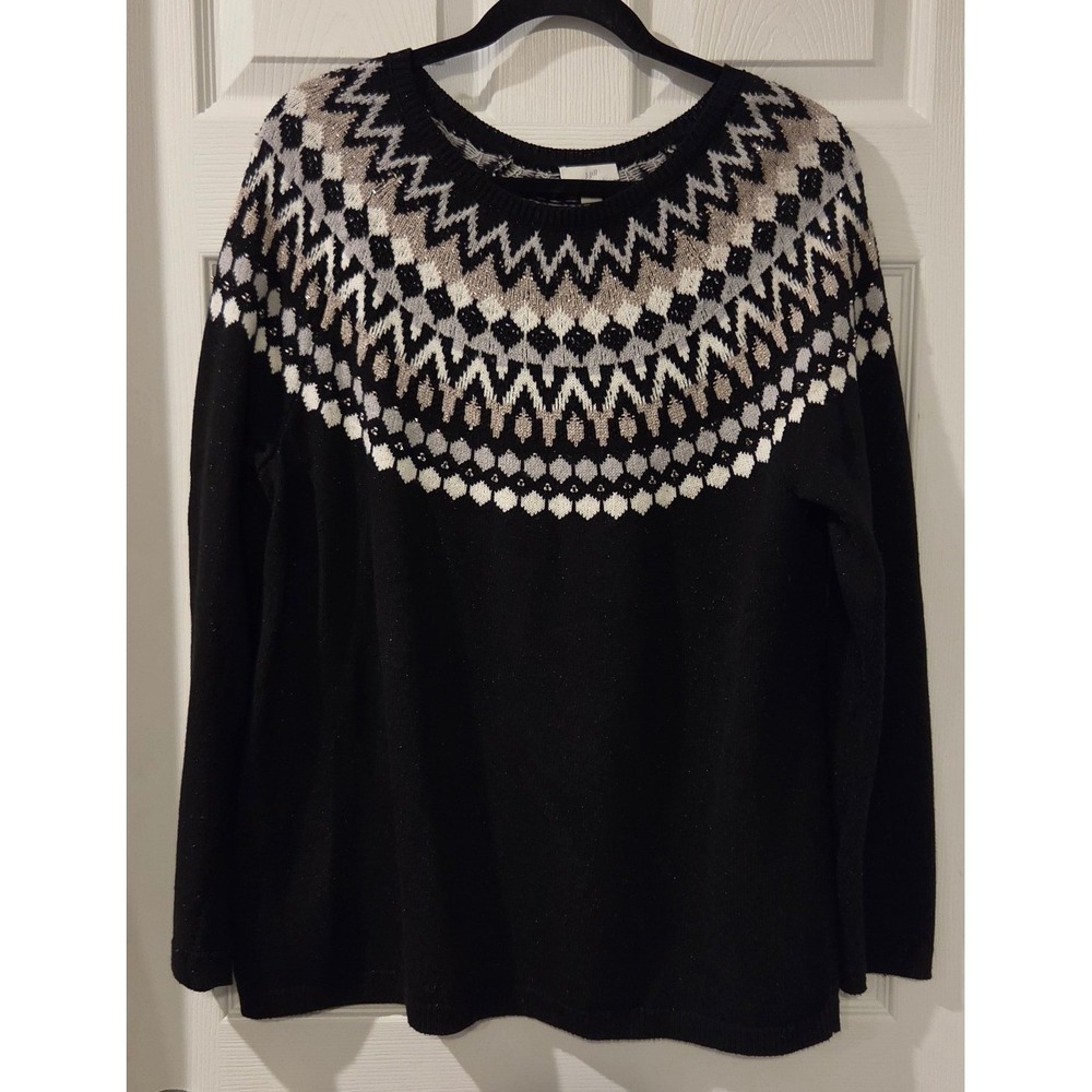 J. Jill Womens Large Tall Black Fair Isle Metallic Beaded Knit Pullover Sweater
